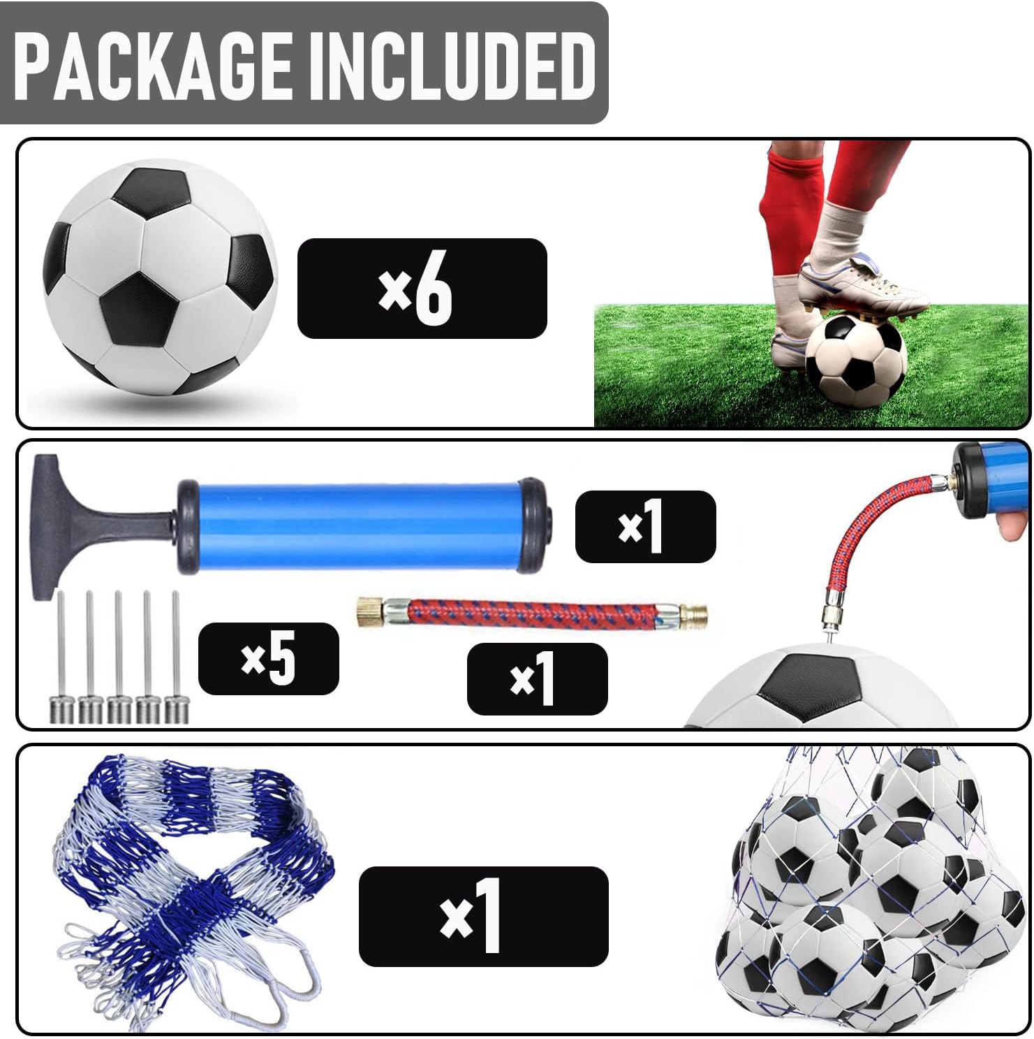 6 Pack Classic Soccer Balls Size 5/4/3 Includes Ball Pump and Net Bag,Soccer Training Ball Practice for Adults,Competition Soccer for Indoor Outdoor - Image 3