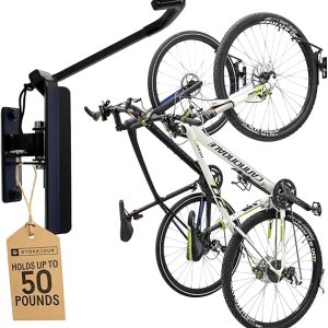 StoreYourBoard Bike Hangers for Garage | Garage Bike Rack Wall Mount, Vertical Bicycle Rack for Garage | 124° Swivel Bike Wall Mount with Stopper, Holds 50lbs, Fits All Wheel Diameters, Max 2.6” Tires